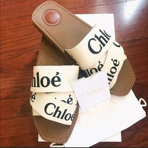 Chloe Woody Flat logo  ribbon slide mule sandals